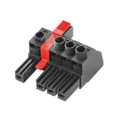 Ein schwarzer Steckverbinder mit rotem Hebel. Geeignet zum Anschluss von drei elektrischen Kabeln in der Photovoltaik.