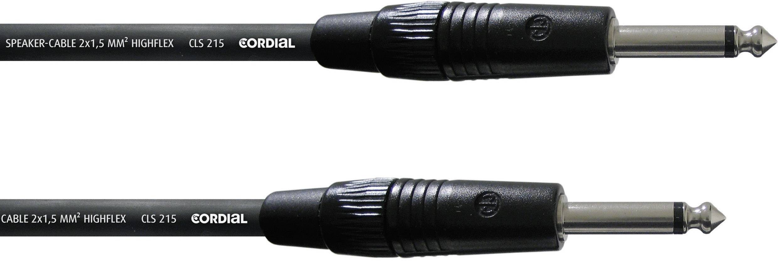 Zwei schwarze Audiokabel mit 6,35-mm-Klinkensteckern auf beiden Seiten. Aufschrift: 'SPEAKER CABLE 2x1.5 MM² HIGHFLEX', Marke Cordial.