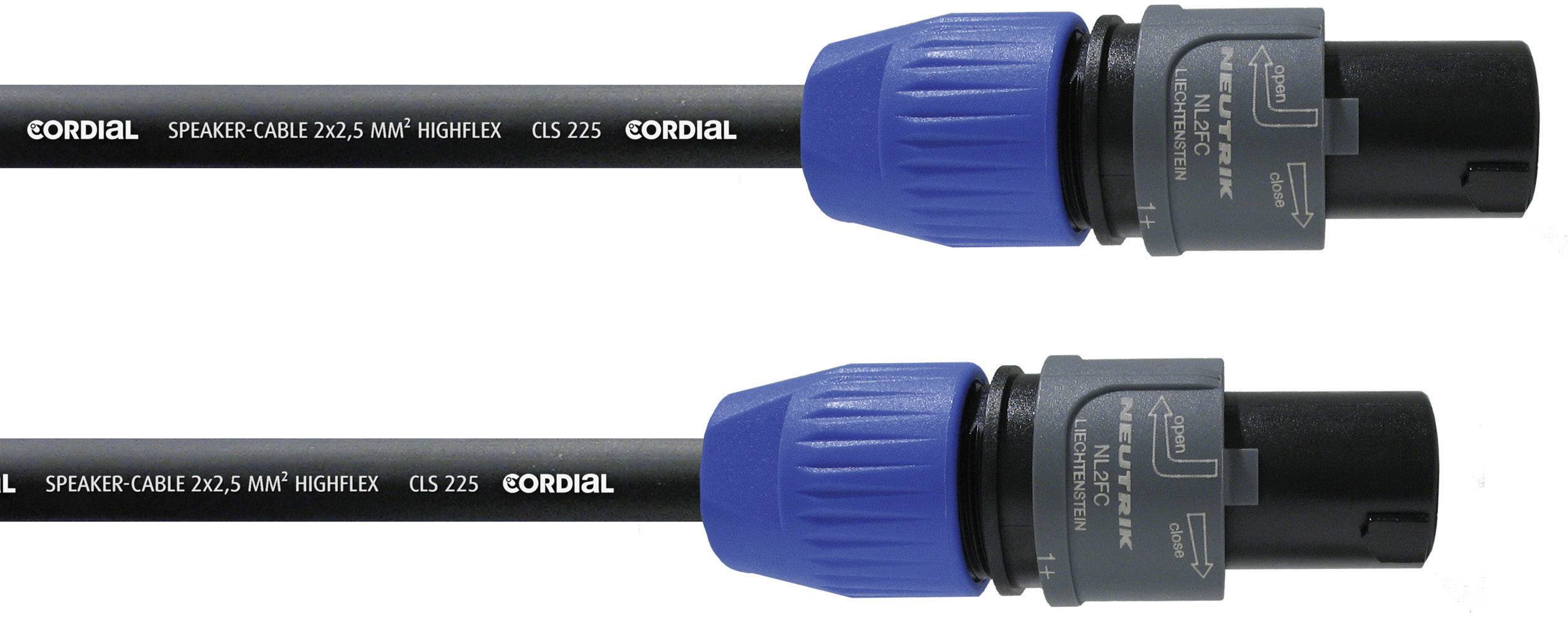 Lautsprecherkabel mit blauen und grauen Steckverbindungen, beschriftet mit 'Cordial', 'Speaker Cable 2x2,5 mm² Highflex CLS 225'.
