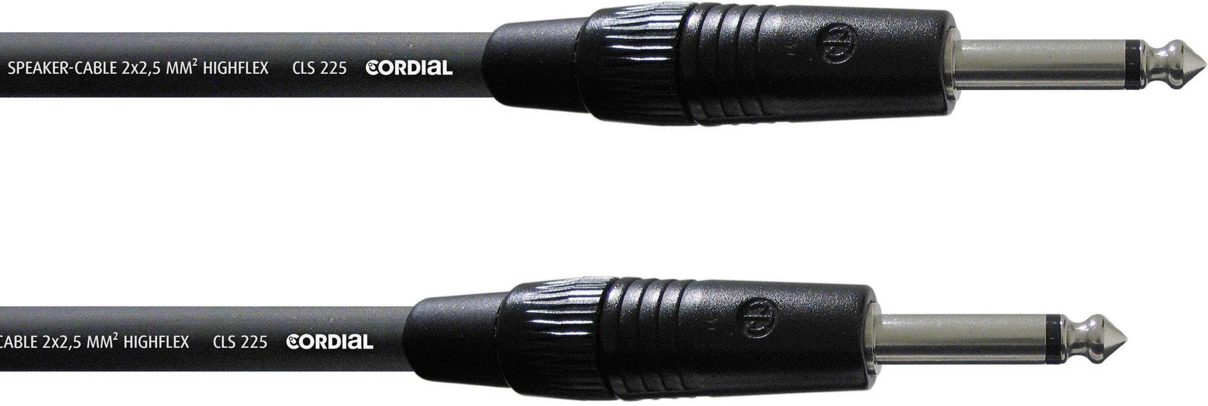 Zwei schwarze Lautsprecherkabel mit 6,3 mm Klinkensteckern, etikettiert als 'SPEAKER CABLE 2x2.5 MM² HIGHFLEX' und Marke 'Cordial'.