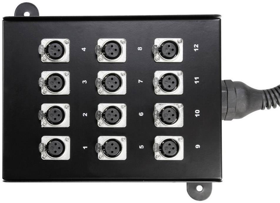 Ein schwarzes elektrisches Anschlussfeld mit 12 nummerierten Steckplätzen und einem eingesteckten Kabel auf der rechten Seite.