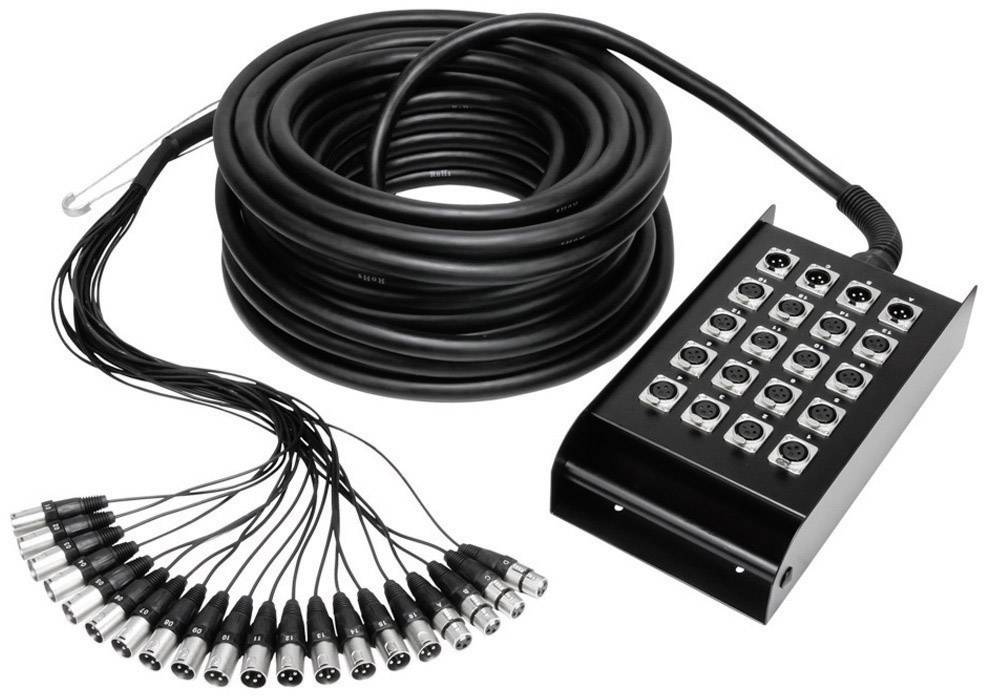 Ein langes Audiokabel mit schwarzem Gehäuse für 16 XLR-Anschlüsse, geeignet für komplexe Bühnen- und Studiokabelverbindungen.