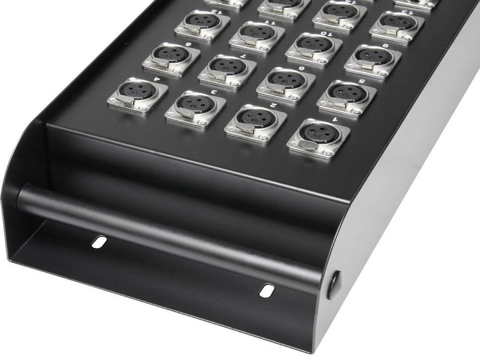 Schwarzes Metallgehäuse mit mehreren nummerierten XLR-Anschlüssen in Reihen, geeignet für Audio- oder Bühnentechnik.