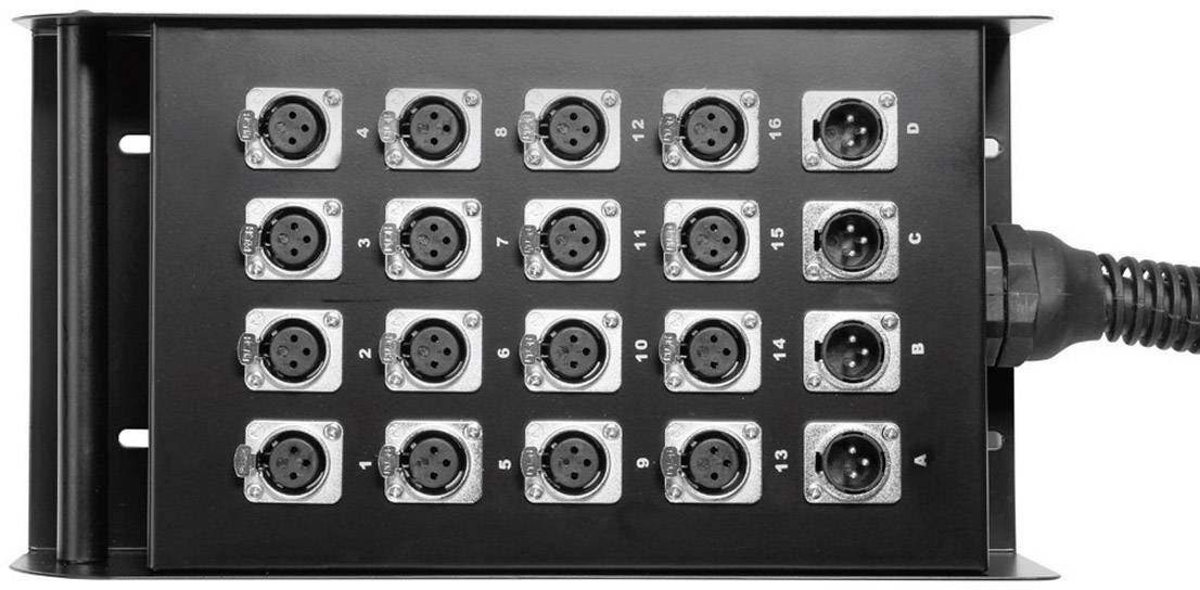 Schwarzes Audio-Patchpanel mit 16 XLR-Anschlüssen, nummeriert von 1 bis 16 und mit Buchstaben A bis D auf der rechten Seite.