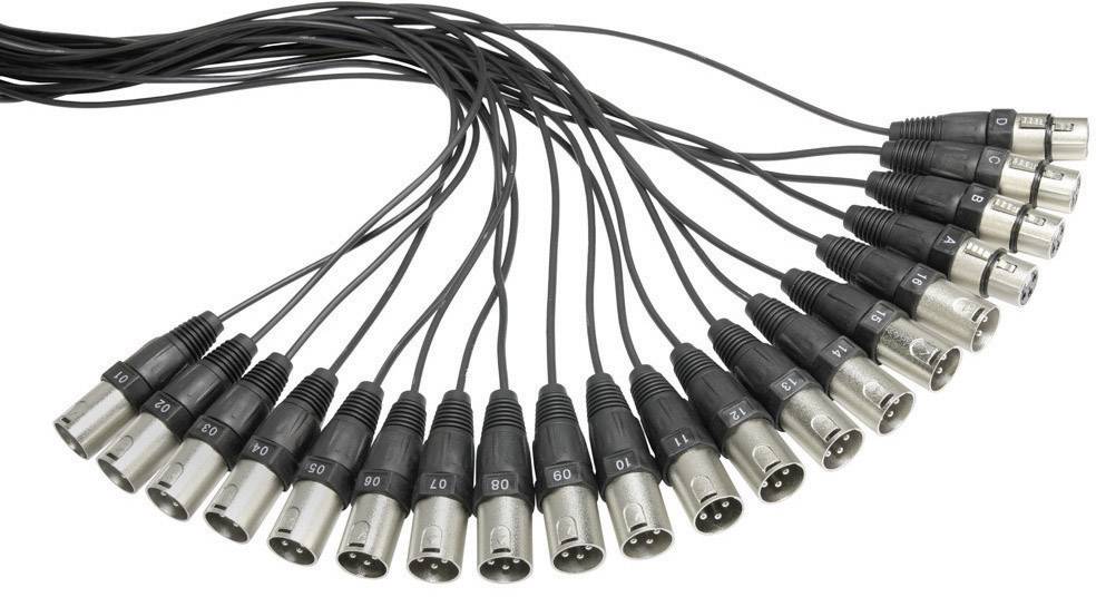 Mehrere XLR-Kabel mit männlichen und weiblichen Steckern, die in einem Fächer angeordnet sind. Sie werden häufig für Audioverbindungen verwendet.