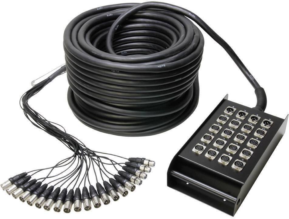 Das Bild zeigt ein langes, aufgerolltes Audiokabel, das mit einem Verteiler mit mehreren XLR-Anschlüssen verbunden ist.