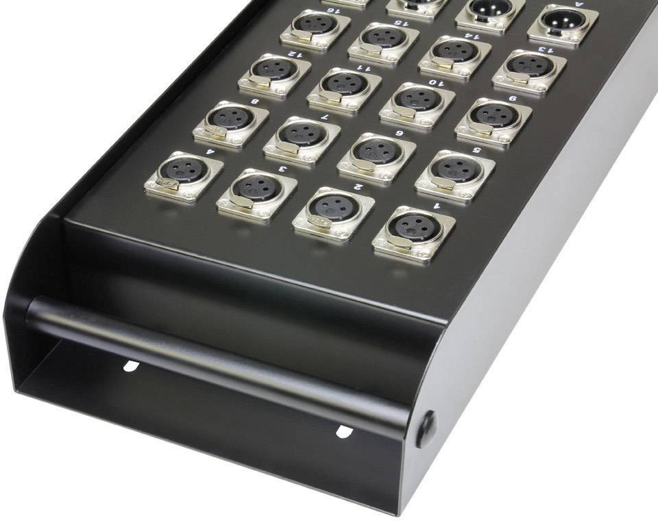 Schwarzes Audio-Patchpanel mit 20 XLR-Anschlüssen, organisiert in 5 Reihen à 4 Buchsen.