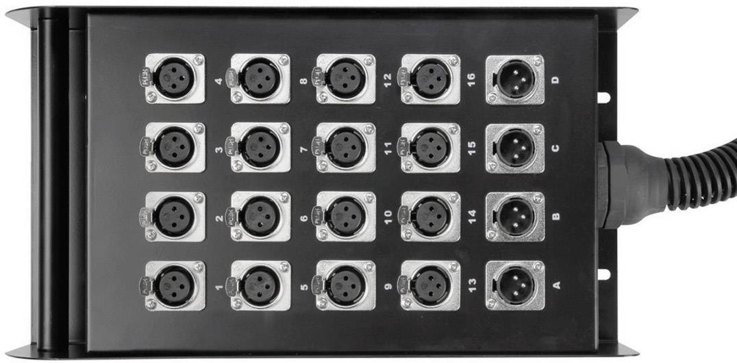 Ein schwarzer Steckfeldkasten mit 16 XLR-Buchsen, die in vier Reihen angeordnet sind, dient zur Verbindung von Audiogeräten.