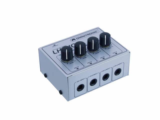 'Omnitronic LH-040' Audiogerät mit vier Drehknöpfen und vier Anschlüssen an der Vorderseite, zur Steuerung von Audiopegeln.