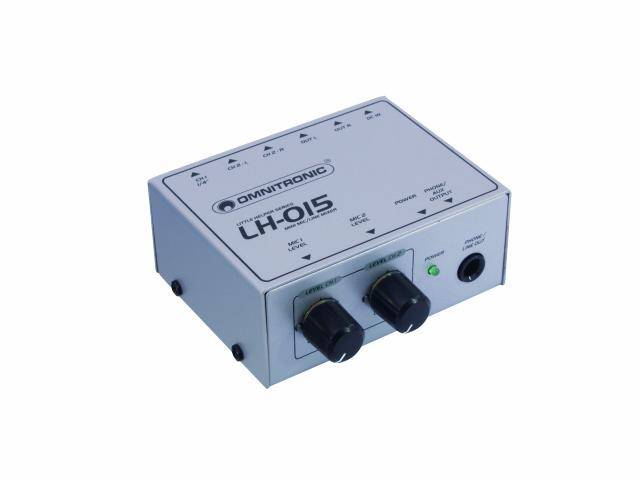 Grauer Audio-Adapter von Omnitronic, Modell LH-015, mit zwei Drehreglern und mehreren Anschlussmöglichkeiten oben.