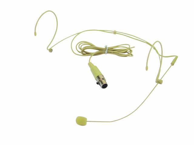 Ein hautfarbenes Headset-Mikrofon mit Ohrbügel und XLR-Anschluss, geeignet für Präsentationen und Bühnenauftritte.