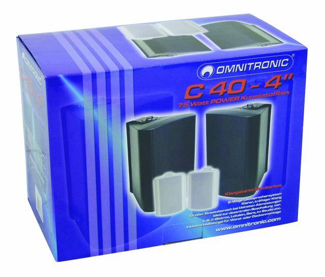 Omnitronic Lautsprecherboxen C 40-4, 75 Watt, auf blauem Karton abgebildet.