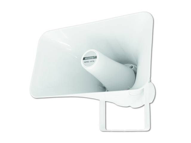 Weißer Megafonlautsprecher in einem schlichten Design, nach rechts gerichtet. Geeignet für große Räume oder Außenbereiche.