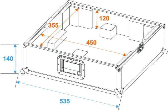 Technische Zeichnung eines rechteckigen Kastens mit den Maßen 535 x 450 x 355 mm, Höhe 140 mm. Enthält mehrere Innenkomponenten.