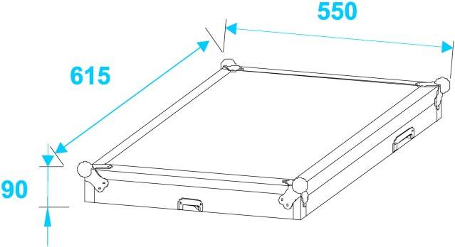 Technische Zeichnung eines rechteckigen Objekts mit den Maßen: 550 mm Länge, 615 mm Breite, 90 mm Höhe.