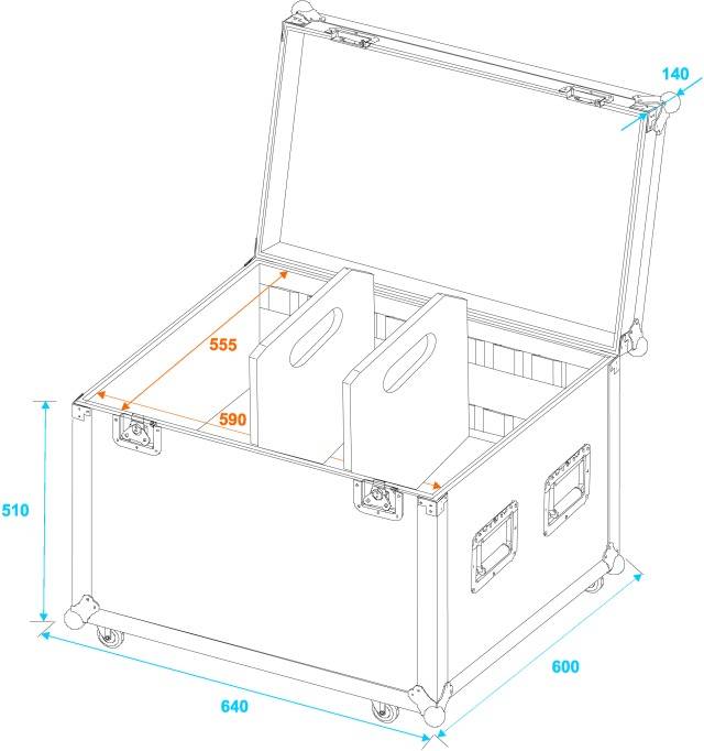 Offene Transportkiste mit Rollen und Trennwänden. Abmessungen: 640x600x510 mm. Geeignet für sicheres Verstauen von Gegenständen.