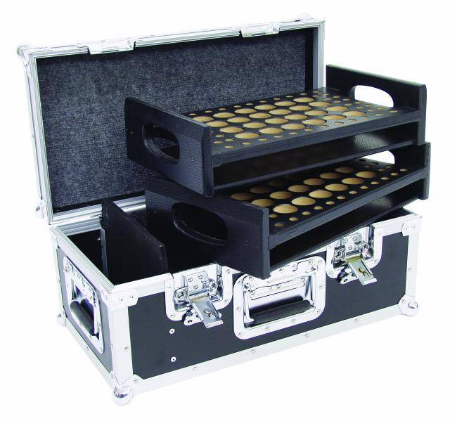 Gepäckkoffer aus Metall mit Schaumstoff im Inneren, zwei herausnehmbare Tabletts mit runden Fächern, ideal für Transport und Aufbewahrung.
