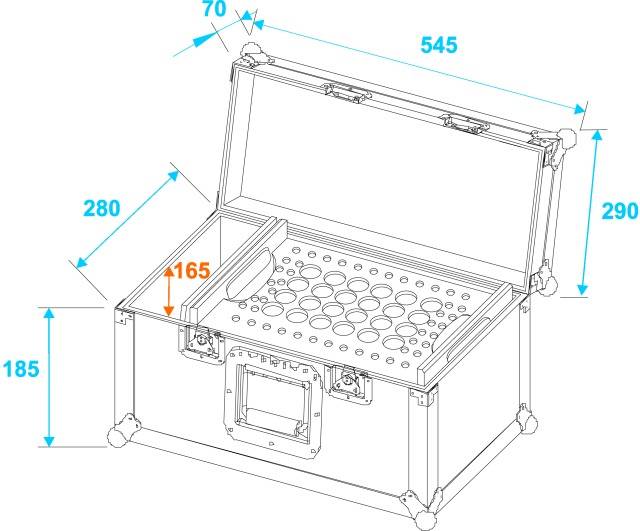 Technische Zeichnung einer offenen Kiste mit spezifischen Maßen in Millimetern. Enthält Aussparungen und einen Griff an der Vorderseite.