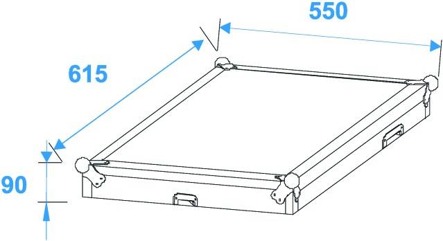 Technische Zeichnung eines rechteckigen Koffers mit Maßen: Breite 550 mm, Tiefe 615 mm, Höhe 90 mm.