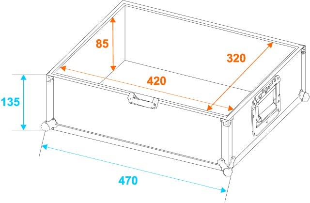 Diagramm einer rechteckigen Kiste mit den Maßen in mm: Höhe 135, Breite 470, Tiefe 320. Innenmaße: Höhe 85, Breite 420.