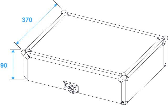 Technische Zeichnung eines rechteckigen Transportkoffers. Maße: Höhe 90 mm, Breite 370 mm. Ansicht zeigt Ecken und Verschlüsse.