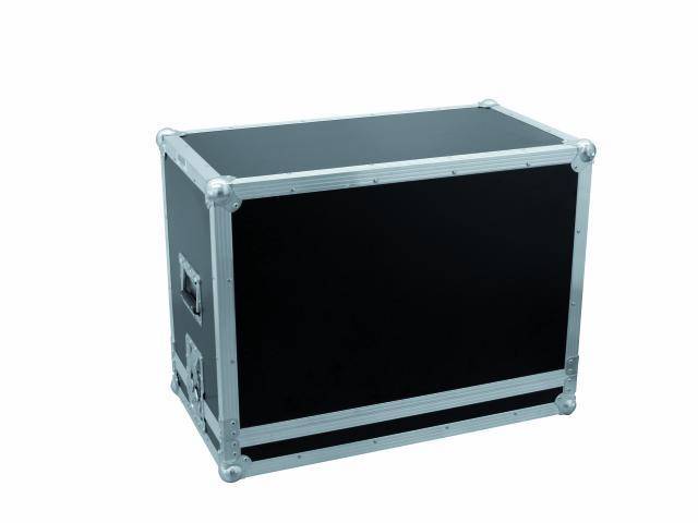 Ein schwarzes, rechteckiges Flightcase mit silbernen Ecken und Griffen auf beiden Seiten, verwendet zum sicheren Transport von Ausrüstung.