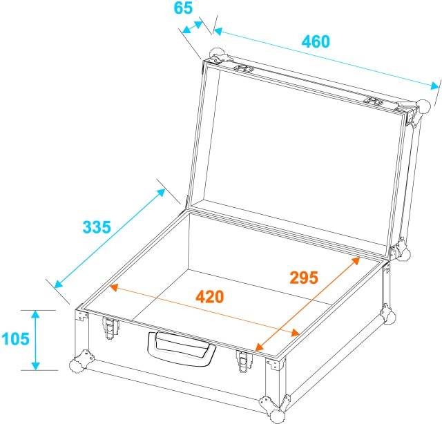Offener Koffer mit Maßen: Höhe 105 mm, Breite 460 mm, Tiefe 335 mm. Innenmaße: Breite 420 mm, Tiefe 295 mm.