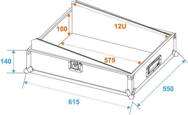 Abbildung einer technischen Zeichnung eines rechteckigen Behälters mit den Maßen: Länge 615 mm, Breite 550 mm, Höhe 140 mm, Innenraumhöhe 100 mm, gekennzeichnet als '12U' und Innenraumtiefe 575 mm.