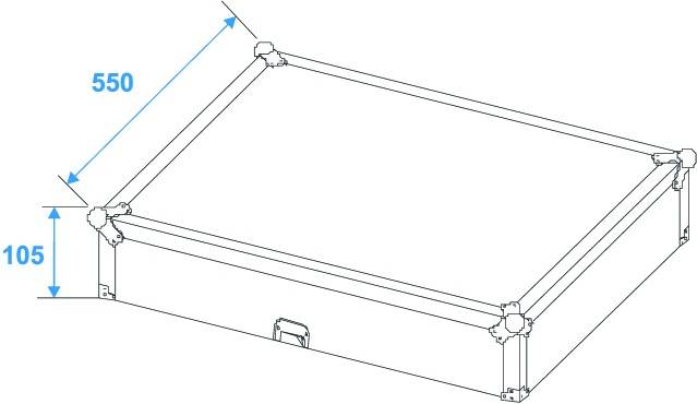 Technische Zeichnung eines rechteckigen Kastens. Maße: Breite 550 mm, Höhe 105 mm. Ecken sind verstärkt, ein Griff ist sichtbar.