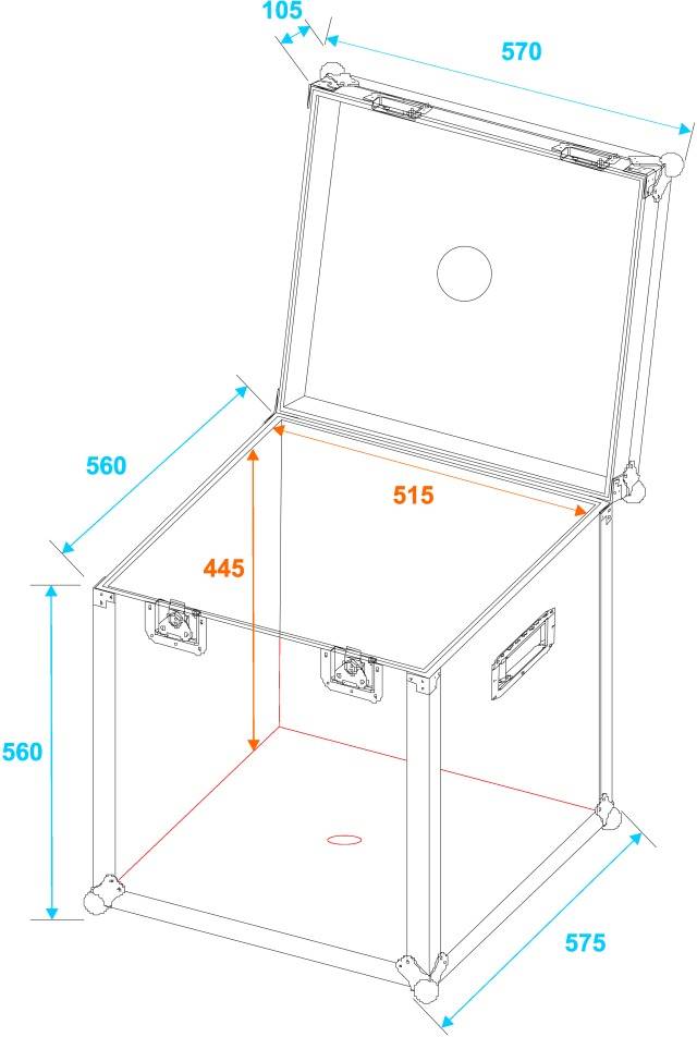 Abbildung eines offenen quadratischen Containers mit Maßen: Breite 570 mm, Tiefe 560 mm, Höhe 560 mm. Innere Breite 515 mm, Tiefe 445 mm.