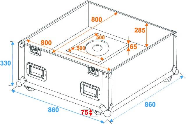 Technische Zeichnung einer rechteckigen Box mit Rollen. Maße sind 800x860x330 mm. Innenraum hat Öffnung von 65 mm Durchmesser.