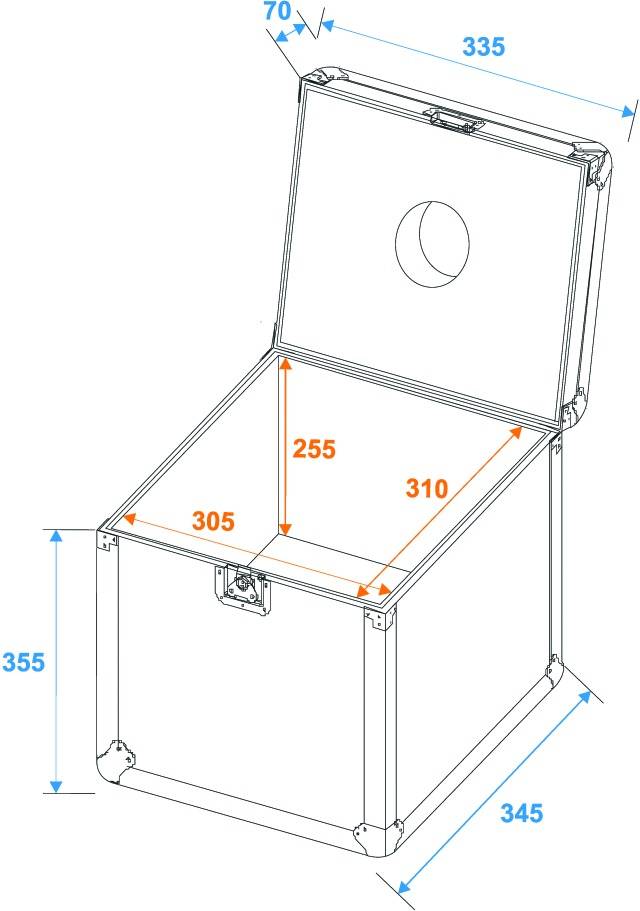 Eine schematische Zeichnung einer geöffneten Box mit den Innenmaßen: 310 mm Breite, 255 mm Tiefe, 305 mm Höhe. Außenmaße: 335 mm Breite, 345 mm Tiefe, 355 mm Höhe.