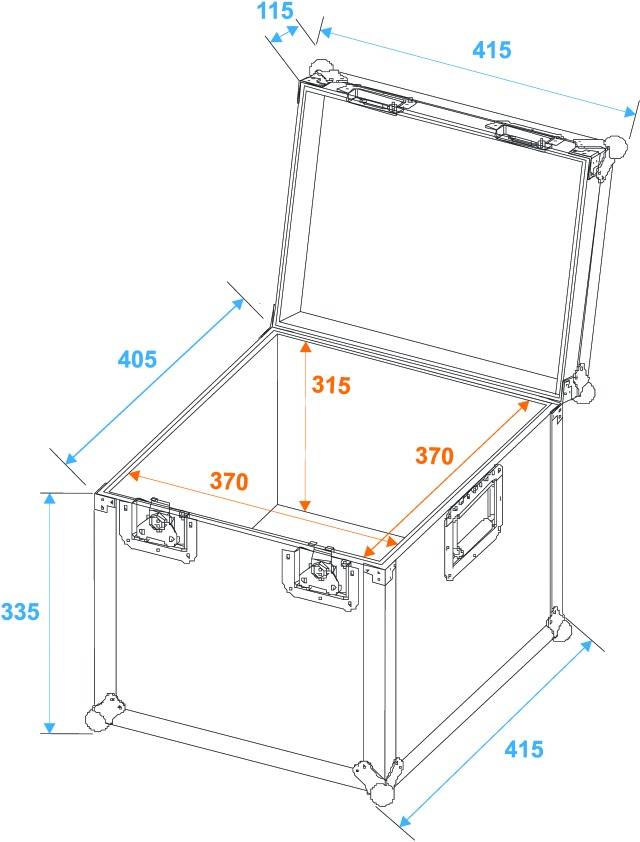 Konstruktionszeichnung eines quadratischen, offenen Transportkoffers mit Maßen: 415x415mm außen, 370x370x315mm innen. Deckel geöffnet.