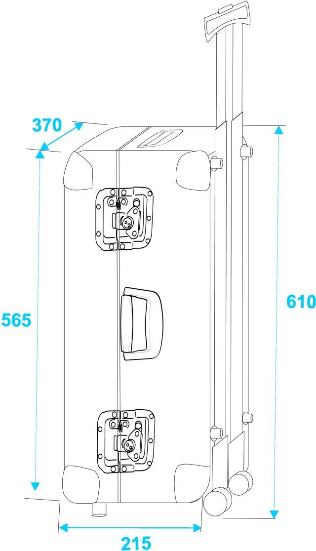 Skizze eines Koffers mit Maßen: Höhe 610 mm, Breite 370 mm, Tiefe 215 mm. Details wie Griffe und Rollen sind hervorgehoben.