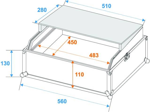 Technische Zeichnung einer rechteckigen Box mit Maßen: 560 mm Länge, 280 mm Breite, 510 mm Höhe. Innere Abmessungen: 450 mm x 483 mm (Doppelboden 110 mm).