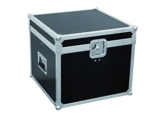 Ein schwarzer, quadratischer Flightcase mit silbernen Kanten und Griffen, geeignet zum sicheren Transport von empfindlichem Equipment.