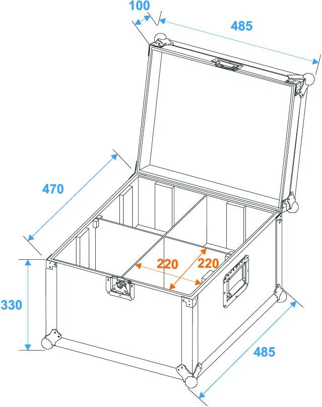 Offener, rechteckiger Koffer mit Maßen: Höhe 330, Breite 470, Tiefe 485 mm. Innere Unterteilungen von 220 x 220 mm.