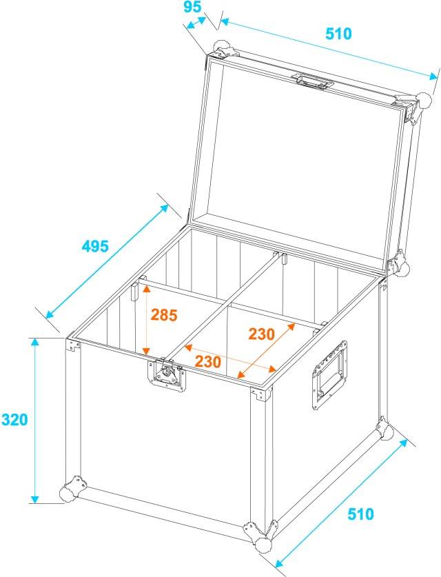 Zeichnung einer geöffneten Transportkiste mit den Maßen: Höhe 320 mm, Breite 510 mm, Tiefe 510 mm. Innenmaße: Breite 230 mm, Tiefe 285 mm.