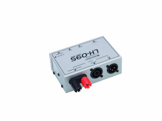 Ein kleiner, rechteckiger Audioadapter mit XLR- und Kabelanschlüssen, beschriftet als 'LH-095' auf der Oberseite, vor weißem Hintergrund.