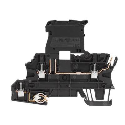 Elektronikbauteil: schwarzer DIN-Schienenklemmenblock mit zwei Federverbindungen und metallischen Kontakten.