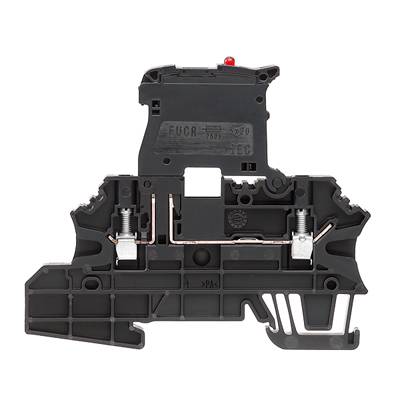 Schwarze, elektrische Reihenklemme mit Schraubverbindung, geeignet für DIN-Schienenmontage in Schaltschränken.