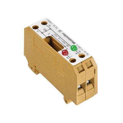 Ein gelbes elektrisches Relais mit zwei Leuchten, einer roten und einer grünen, zeigt den Status an.