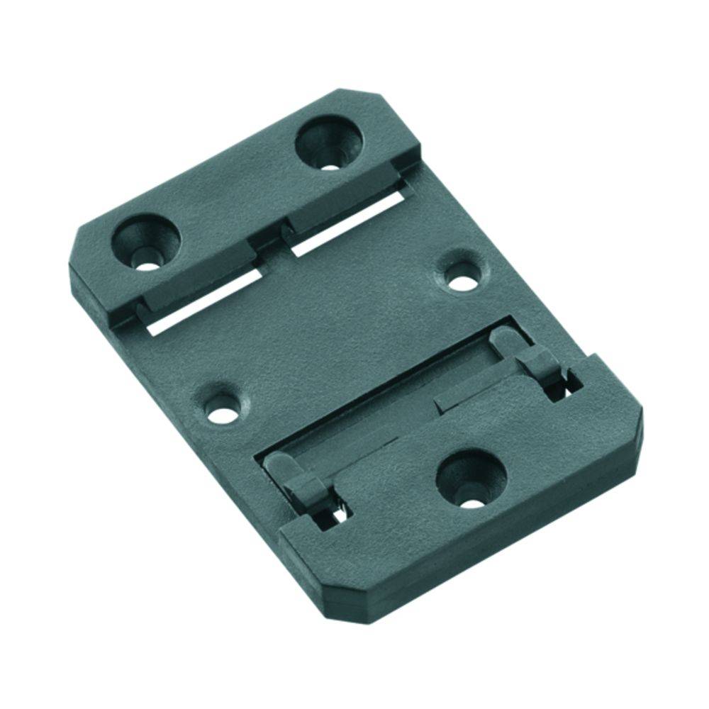 Metallplatte mit vier Löchern und einem zentralen Gelenk. Dient als Scharnier oder Halterung in mechanischen Konstruktionen.