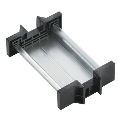 Ein schwarzer Kunststoff- und Metallhalter für elektronische Bauteile, rechteckige Form, mit seitlichen Klemmen an jedem Ende.