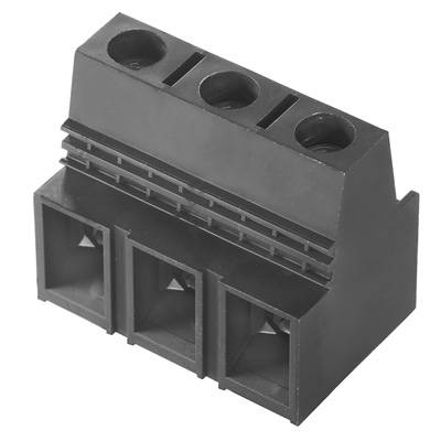 Schwarze elektrische Anschlussklemme mit drei Schraubanschlüssen, verwendet zur sicheren Verbindung von Kabeln in elektrischen Schaltungen.