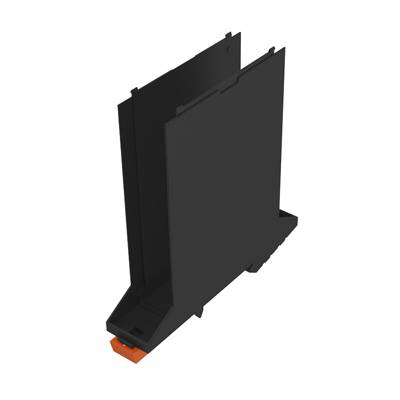 Schwarzes Kunststoffgehäuse mit orangenem Clip an der Unterseite.