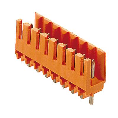 An orange electronic connector with multiple pin contacts used for electronic circuits.