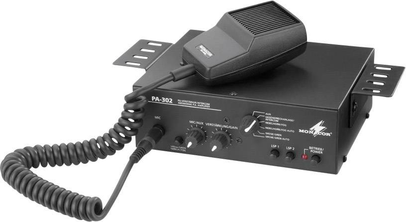 Ein PA-302 Verstärker mit Mikrofon, Reglern für Lautstärke und Balance, und Anschlüssen. Geeignet für öffentliche Durchsagen.