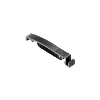 Ein kleines, gebogenes Bauteil aus Metall mit einem Haken an einem Ende. Es könnte Teil eines mechanischen oder technischen Geräts sein.