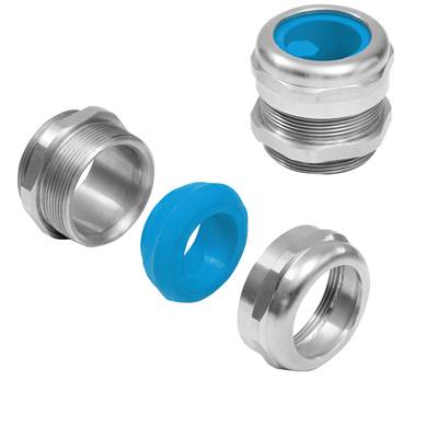 Vier Metallverschraubungen mit unterschiedlichen Ansichten, eine hat eine blaue Kunststoffdichtung. Sie werden in elektrischen Installationen verwendet.